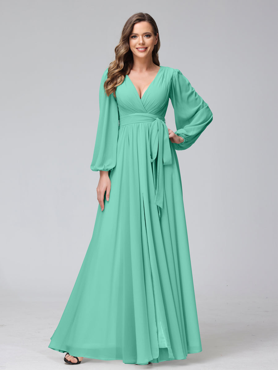 A-Line V-Neck Long Sleeves Chiffon Long Bridesmaid Dresses With Ruffles Split Side Spa