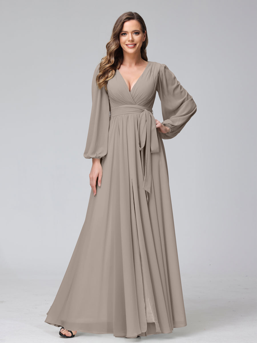 A-Line V-Neck Long Sleeves Chiffon Long Bridesmaid Dresses With Ruffles Split Side Taupe