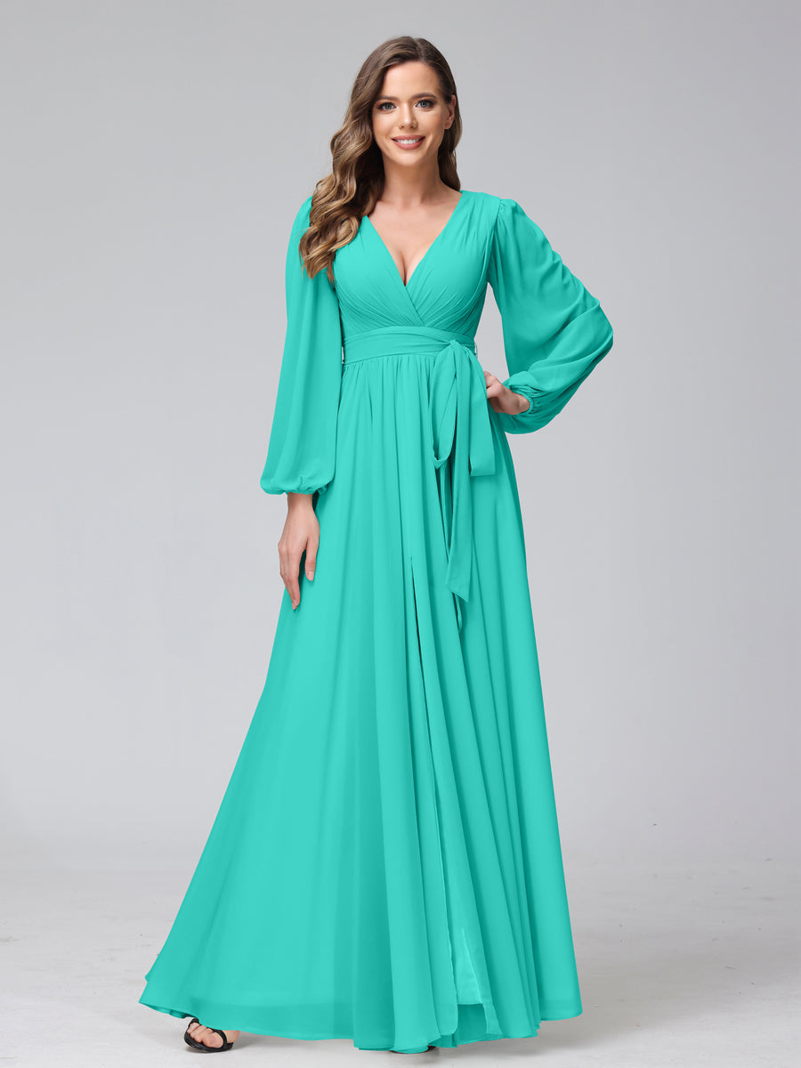 A-Line V-Neck Long Sleeves Chiffon Long Bridesmaid Dresses With Ruffles Split Side Turquoise