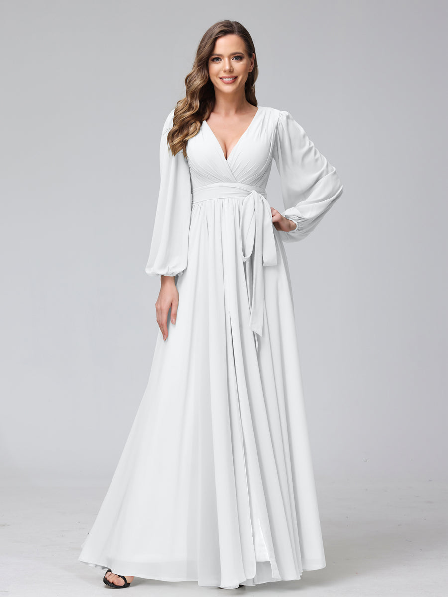 A-Line V-Neck Long Sleeves Chiffon Long Bridesmaid Dresses With Ruffles Split Side White