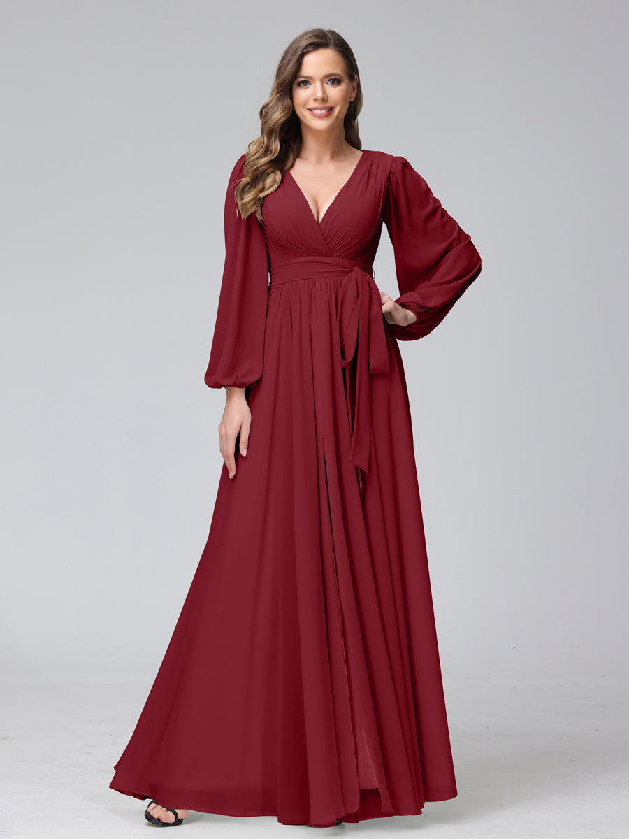 A-Line V-Neck Long Sleeves Chiffon Long Bridesmaid Dresses With Ruffles Split Side Wine Red