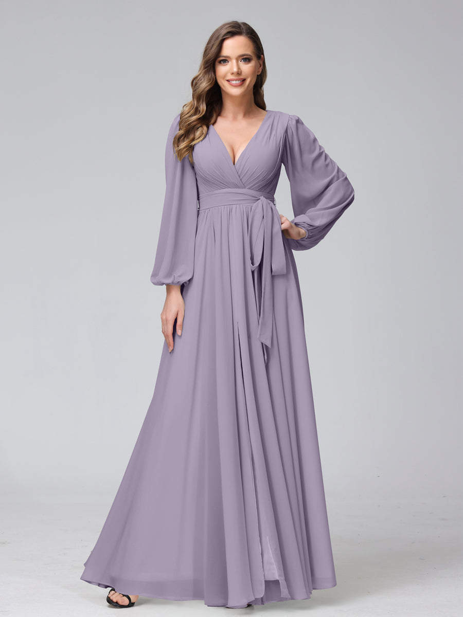 A-Line V-Neck Long Sleeves Chiffon Long Bridesmaid Dresses With Ruffles Split Side Wisteria