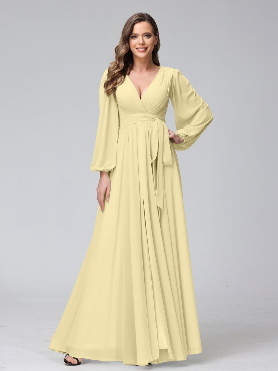 A-Line V-Neck Long Sleeves Chiffon Long Bridesmaid Dresses With Ruffles Split Side Yellow