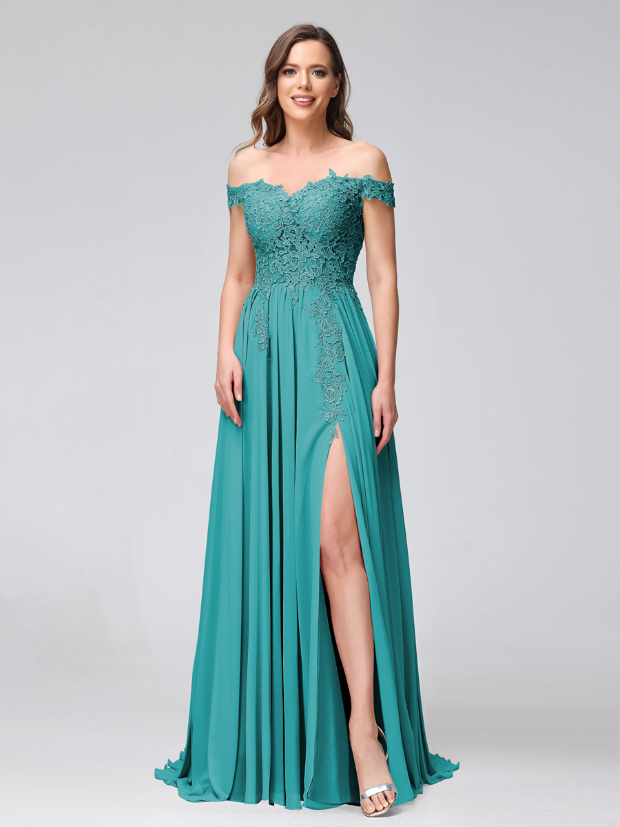 A-Line Off-the-Shoulder Sleeveless Appliqued Chiffon Long Bridesmaid Dresses with Side Slit Aqua Blue