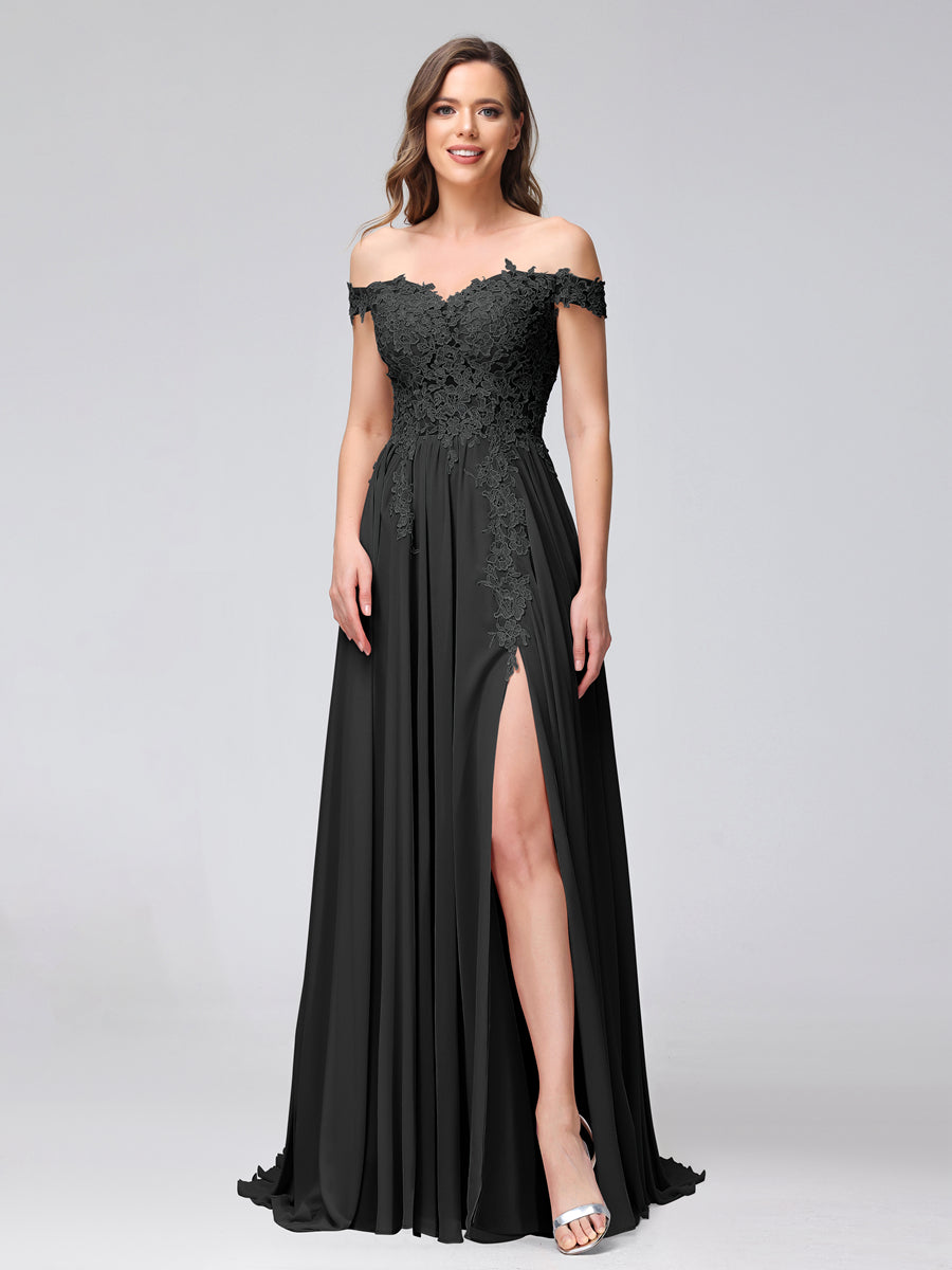 A-Line Off-the-Shoulder Sleeveless Appliqued Chiffon Long Bridesmaid Dresses with Side Slit Black