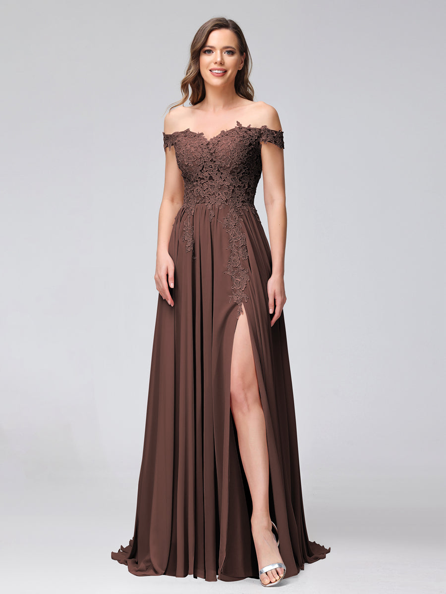 A-Line Off-the-Shoulder Sleeveless Appliqued Chiffon Long Bridesmaid Dresses with Side Slit Brown