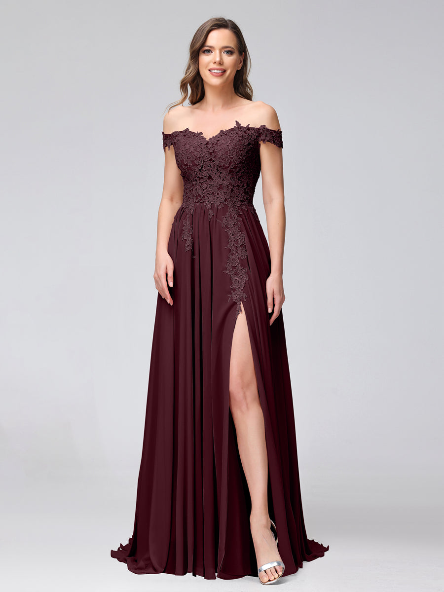 A-Line Off-the-Shoulder Sleeveless Appliqued Chiffon Long Bridesmaid Dresses with Side Slit Burgundy