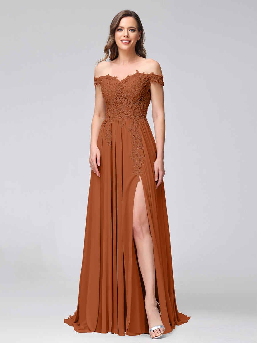 A-Line Off-the-Shoulder Sleeveless Appliqued Chiffon Long Bridesmaid Dresses with Side Slit Burnt Orange
