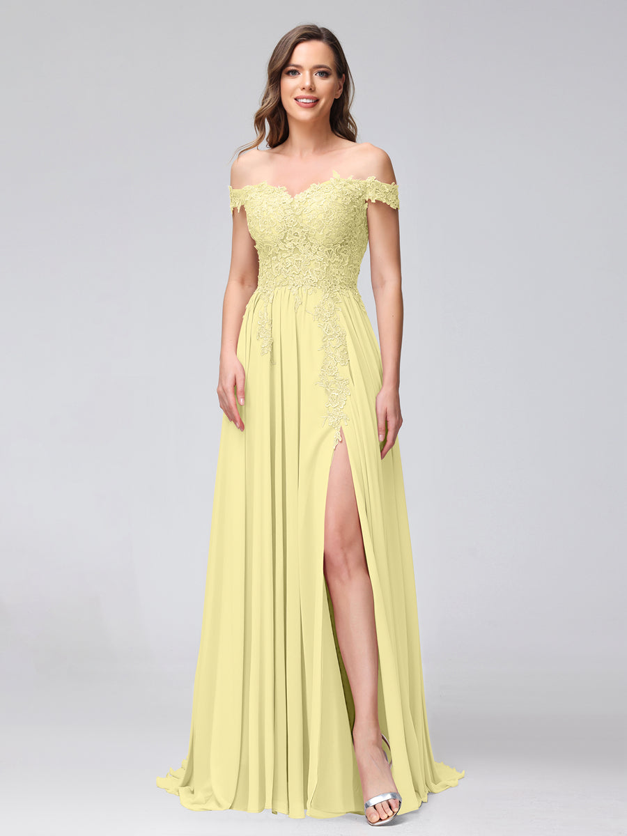 A-Line Off-the-Shoulder Sleeveless Appliqued Chiffon Long Bridesmaid Dresses with Side Slit Canary