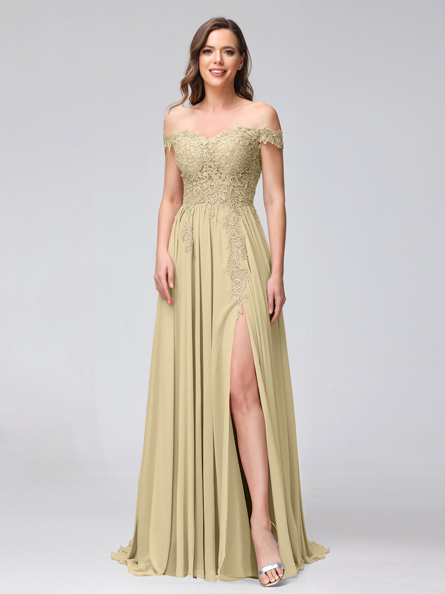 A-Line Off-the-Shoulder Sleeveless Appliqued Chiffon Long Bridesmaid Dresses with Side Slit Champagne