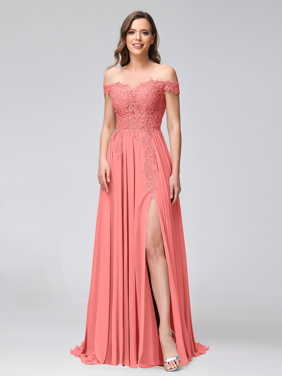 A-Line Off-the-Shoulder Sleeveless Appliqued Chiffon Long Bridesmaid Dresses with Side Slit Coral