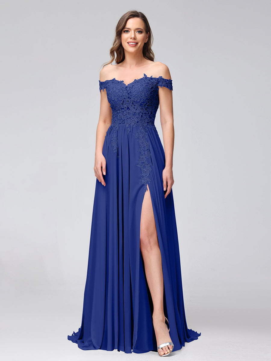 A-Line Off-the-Shoulder Sleeveless Appliqued Chiffon Long Bridesmaid Dresses with Side Slit Dark Royal Blue