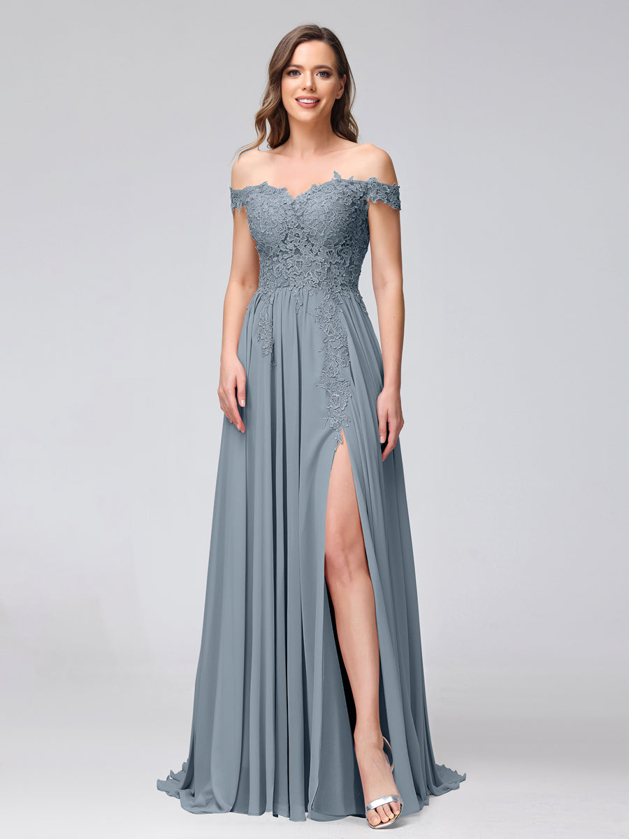 A-Line Off-the-Shoulder Sleeveless Appliqued Chiffon Long Bridesmaid Dresses with Side Slit Dusty Blue