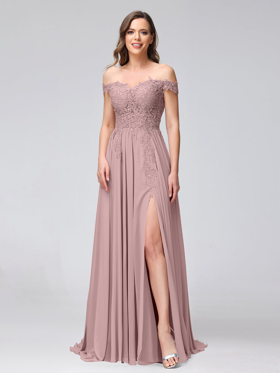 A-Line Off-the-Shoulder Sleeveless Appliqued Chiffon Long Bridesmaid Dresses with Side Slit Dusty Pink