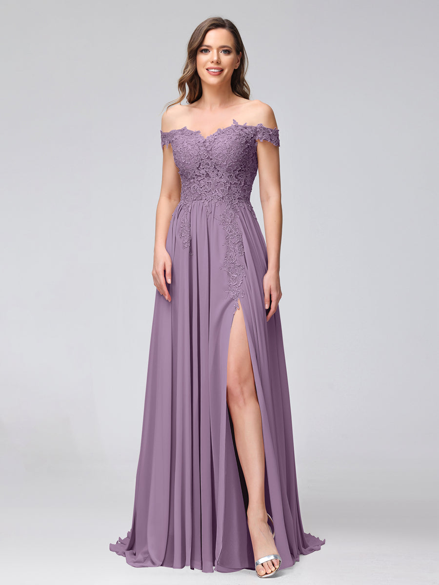 A-Line Off-the-Shoulder Sleeveless Appliqued Chiffon Long Bridesmaid Dresses with Side Slit Dusty Purple