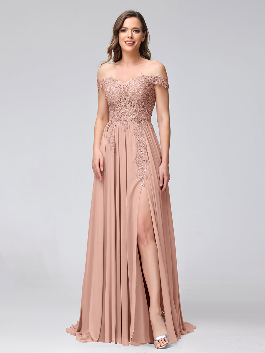 A-Line Off-the-Shoulder Sleeveless Appliqued Chiffon Long Bridesmaid Dresses with Side Slit Dusty Rose