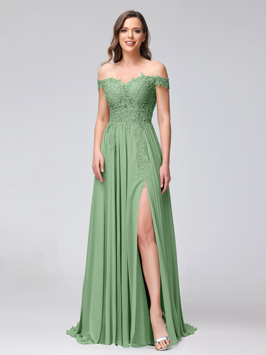 A-Line Off-the-Shoulder Sleeveless Appliqued Chiffon Long Bridesmaid Dresses with Side Slit Dusty Sage