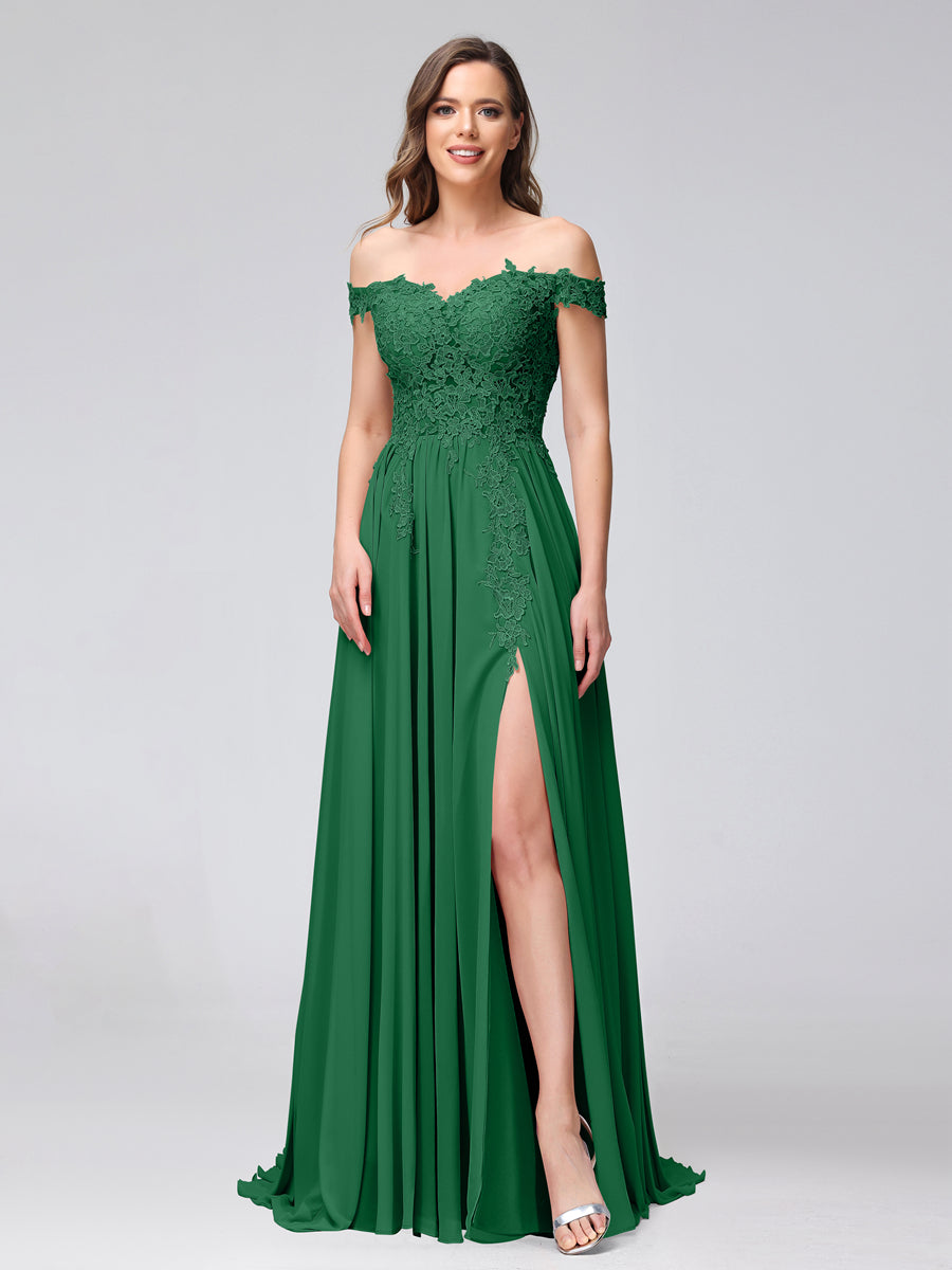 A-Line Off-the-Shoulder Sleeveless Appliqued Chiffon Long Bridesmaid Dresses with Side Slit Emerald
