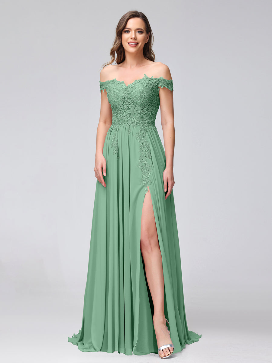 A-Line Off-the-Shoulder Sleeveless Appliqued Chiffon Long Bridesmaid Dresses with Side Slit Eucalyptus