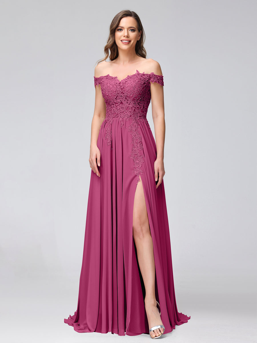 A-Line Off-the-Shoulder Sleeveless Appliqued Chiffon Long Bridesmaid Dresses with Side Slit Fuchsia