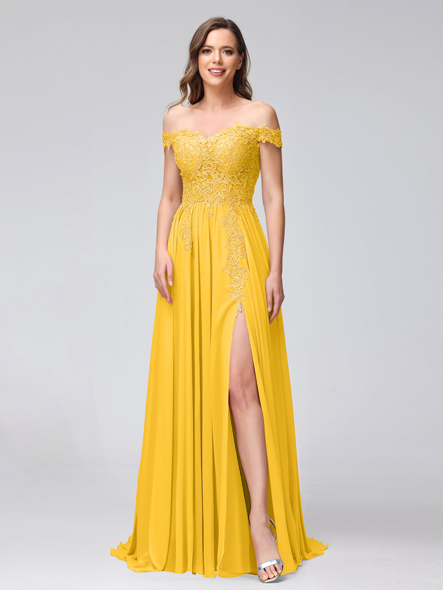 A-Line Off-the-Shoulder Sleeveless Appliqued Chiffon Long Bridesmaid Dresses with Side Slit Gold