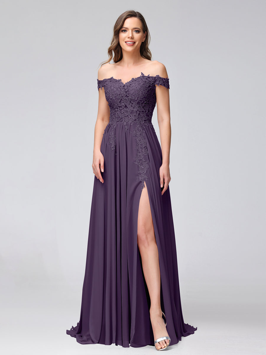 A-Line Off-the-Shoulder Sleeveless Appliqued Chiffon Long Bridesmaid Dresses with Side Slit Grape