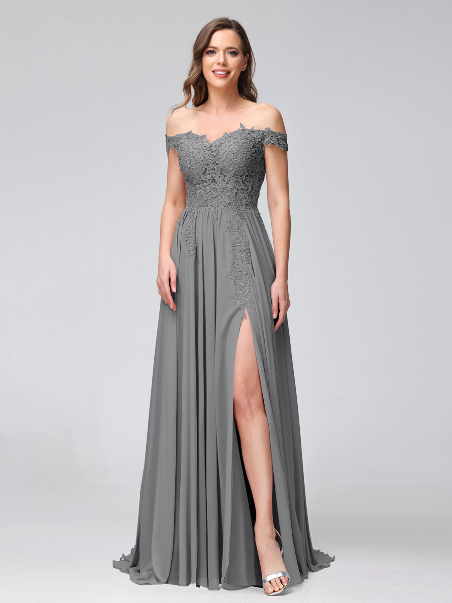 A-Line Off-the-Shoulder Sleeveless Appliqued Chiffon Long Bridesmaid Dresses with Side Slit Gray