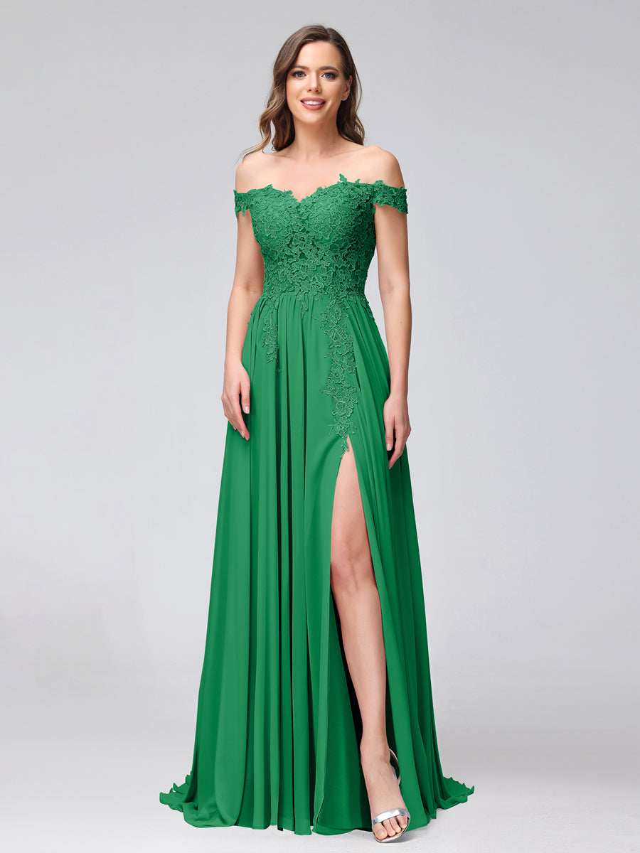 A-Line Off-the-Shoulder Sleeveless Appliqued Chiffon Long Bridesmaid Dresses with Side Slit Green