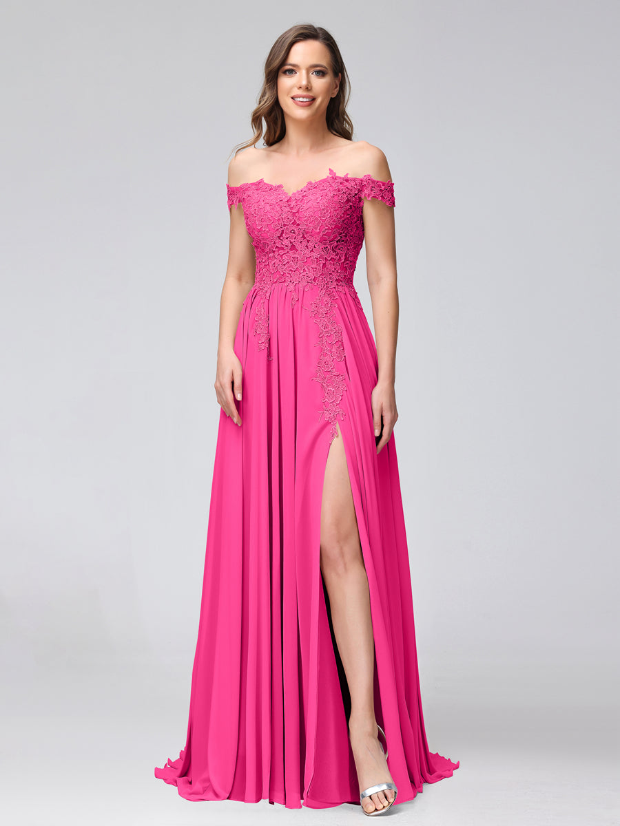 A-Line Off-the-Shoulder Sleeveless Appliqued Chiffon Long Bridesmaid Dresses with Side Slit Hot Pink