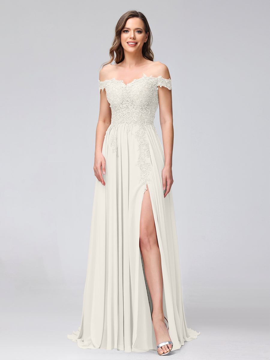 A-Line Off-the-Shoulder Sleeveless Appliqued Chiffon Long Bridesmaid Dresses with Side Slit Ivory