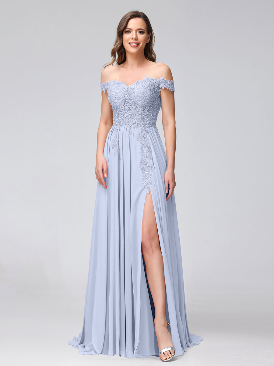 A-Line Off-the-Shoulder Sleeveless Appliqued Chiffon Long Bridesmaid Dresses with Side Slit Lavender