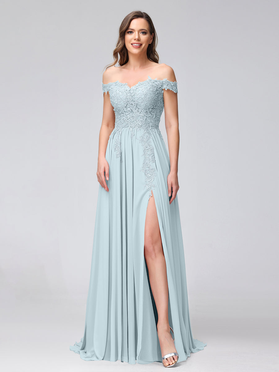 A-Line Off-the-Shoulder Sleeveless Appliqued Chiffon Long Bridesmaid Dresses with Side Slit Light Blue