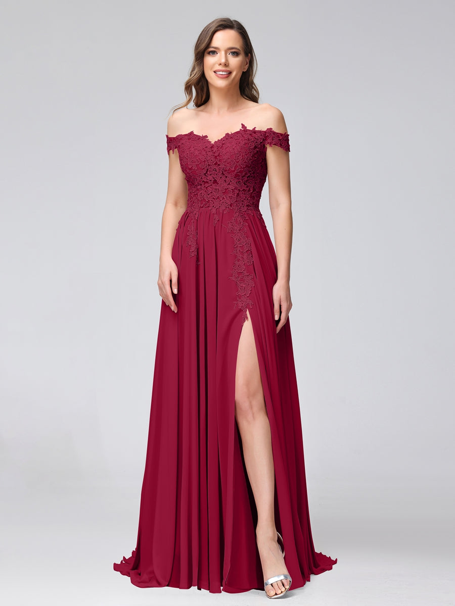A-Line Off-the-Shoulder Sleeveless Appliqued Chiffon Long Bridesmaid Dresses with Side Slit Light Burgundy
