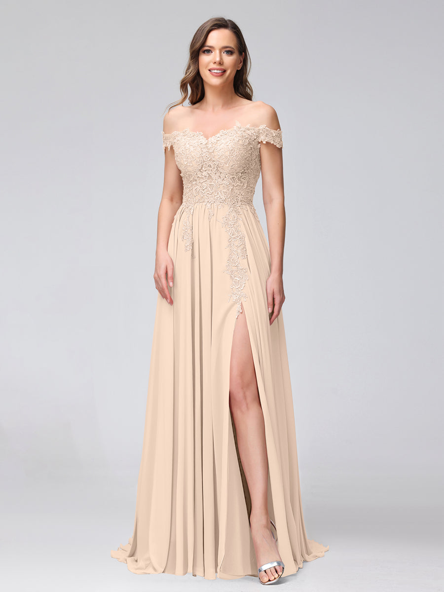 A-Line Off-the-Shoulder Sleeveless Appliqued Chiffon Long Bridesmaid Dresses with Side Slit Light Champagne