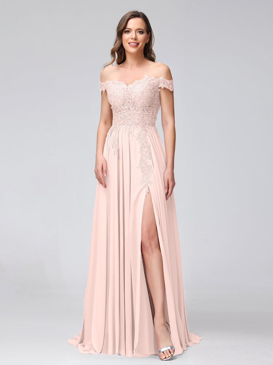 A-Line Off-the-Shoulder Sleeveless Appliqued Chiffon Long Bridesmaid Dresses with Side Slit Light Pink