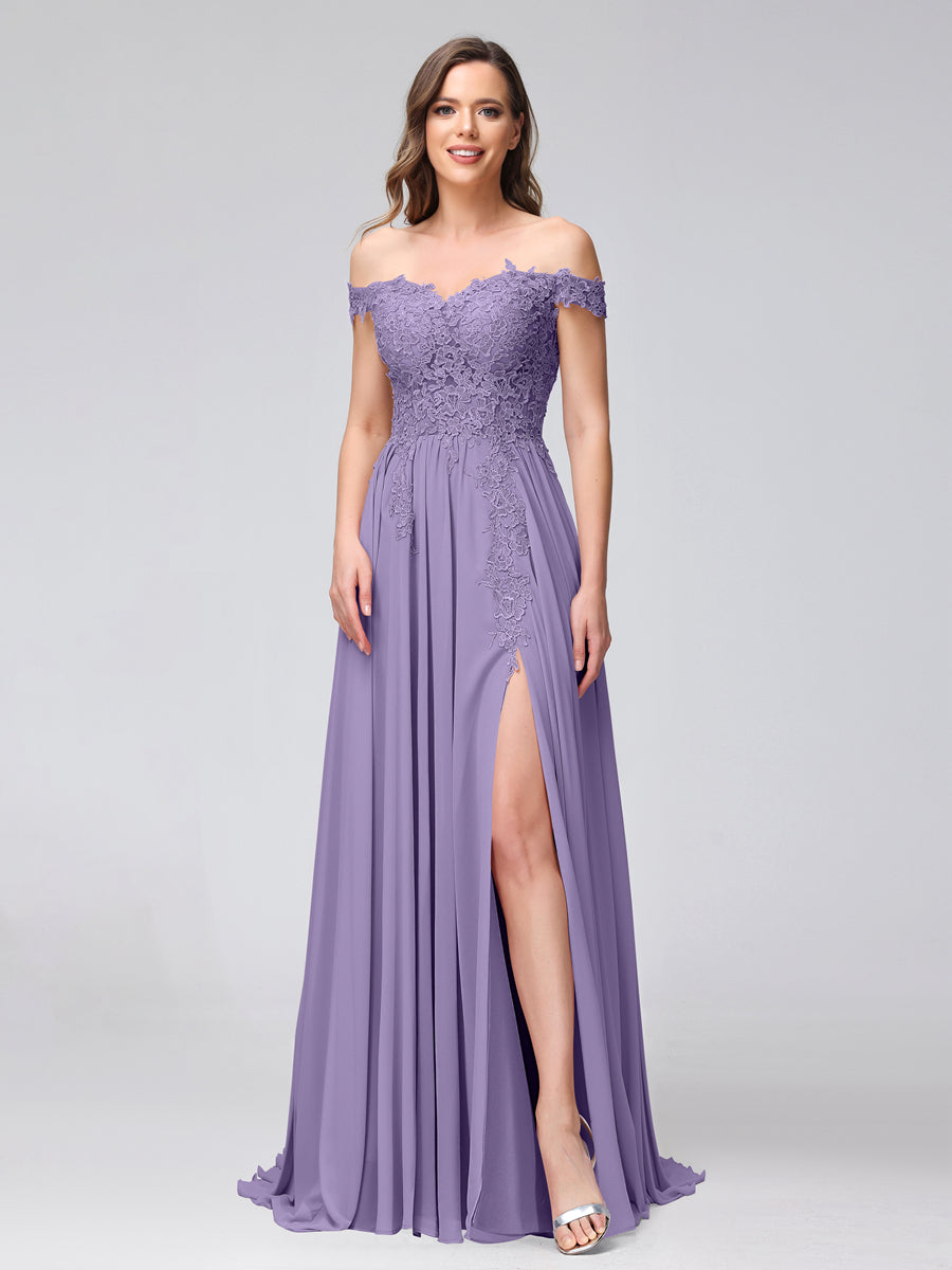 A-Line Off-the-Shoulder Sleeveless Appliqued Chiffon Long Bridesmaid Dresses with Side Slit Light Purple