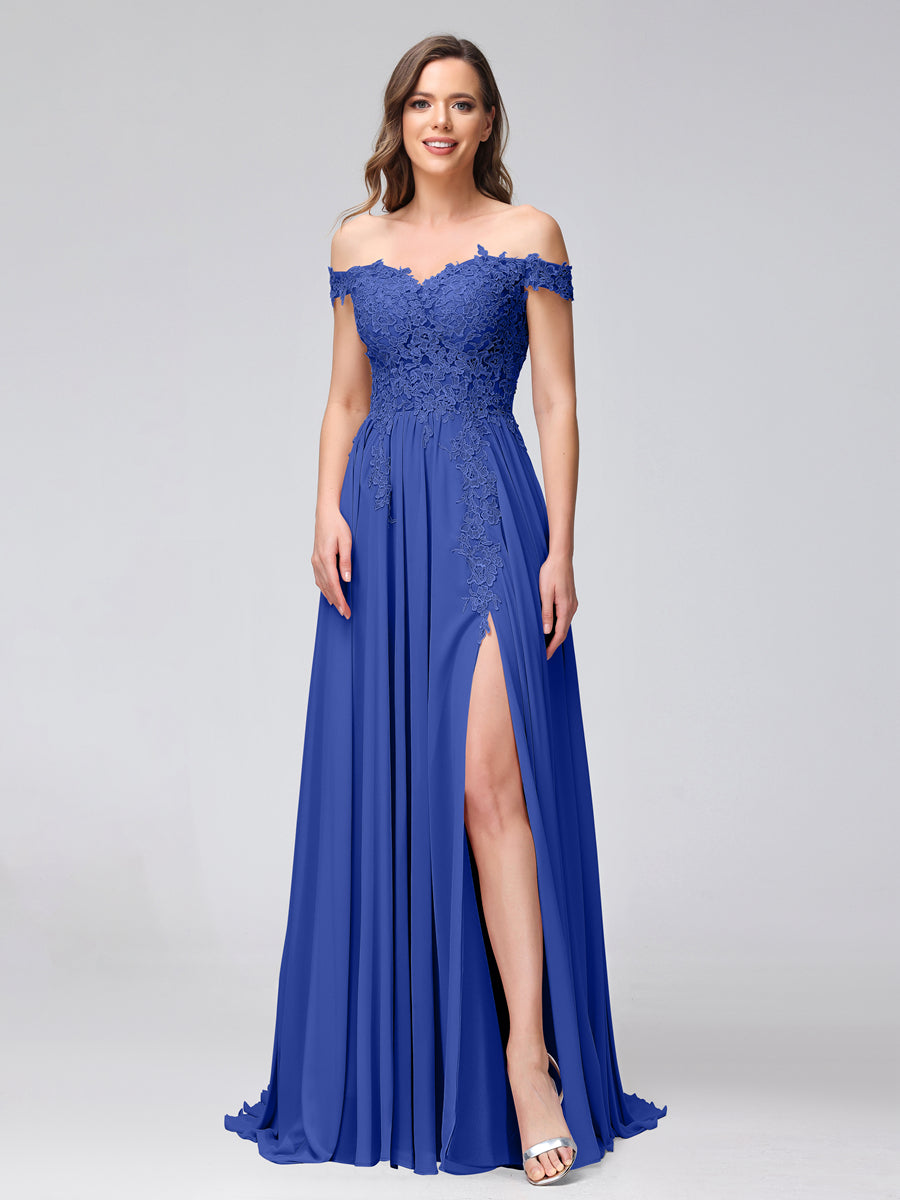 A-Line Off-the-Shoulder Sleeveless Appliqued Chiffon Long Bridesmaid Dresses with Side Slit Light Royal Blue