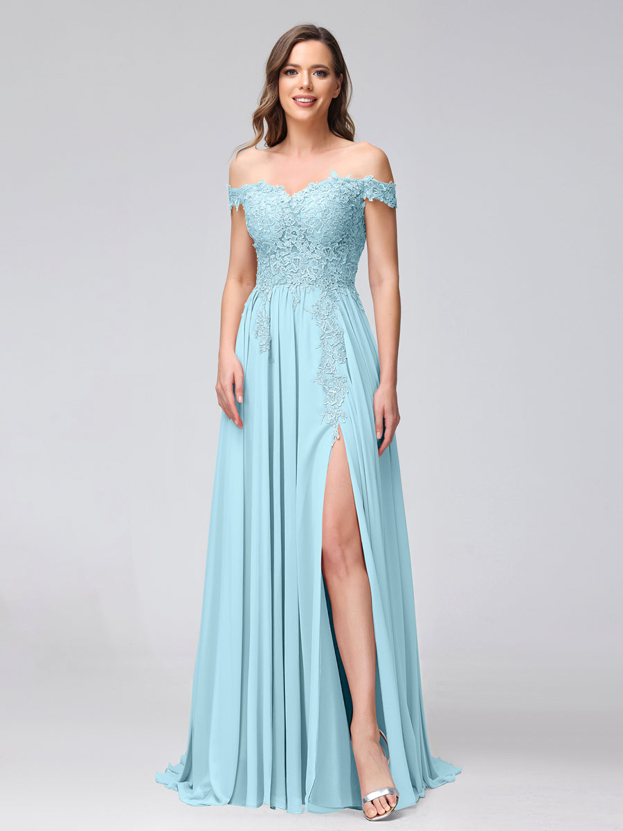A-Line Off-the-Shoulder Sleeveless Appliqued Chiffon Long Bridesmaid Dresses with Side Slit Light Sky Blue