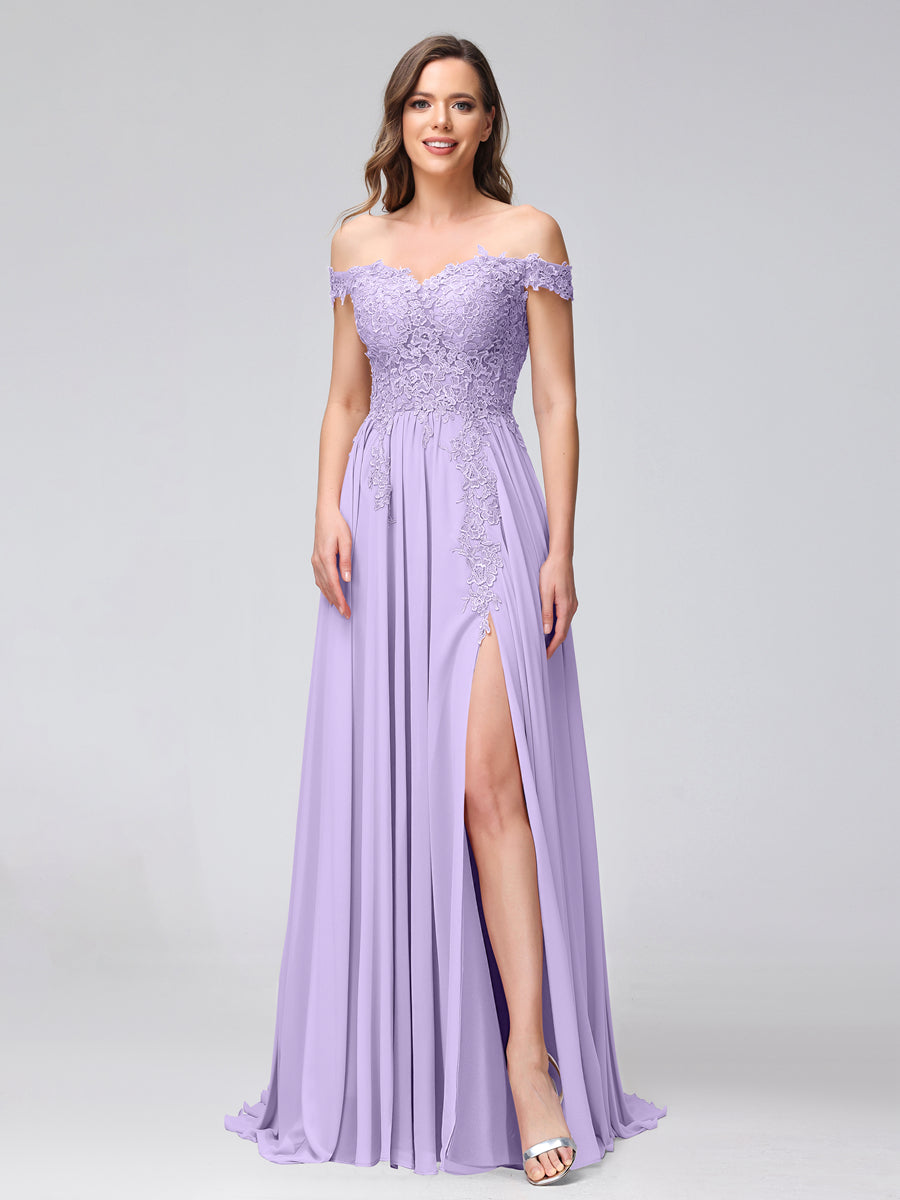 A-Line Off-the-Shoulder Sleeveless Appliqued Chiffon Long Bridesmaid Dresses with Side Slit Lilac