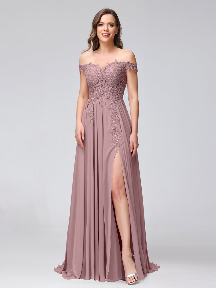 A-Line Off-the-Shoulder Sleeveless Appliqued Chiffon Long Bridesmaid Dresses with Side Slit Mauve