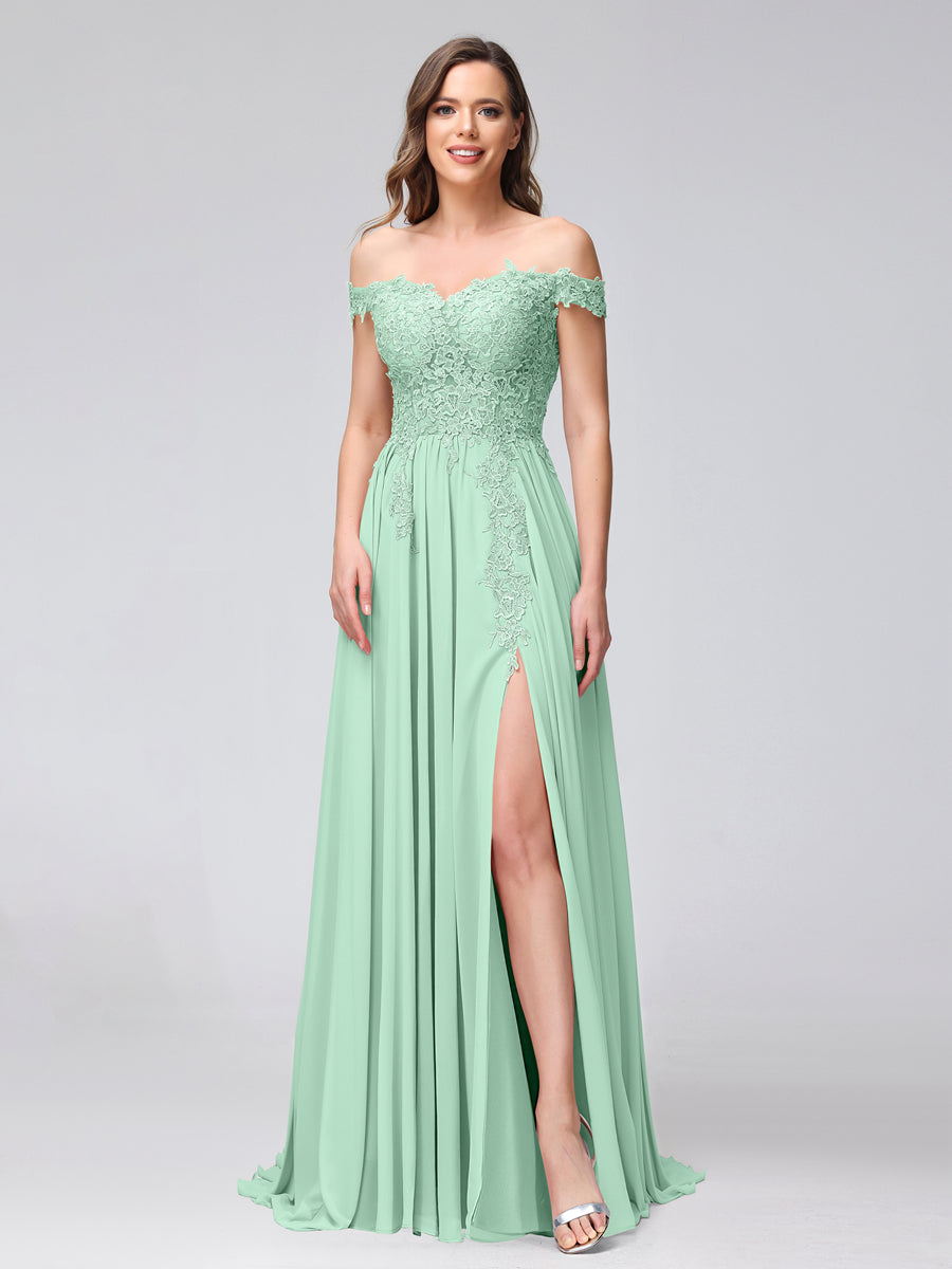 A-Line Off-the-Shoulder Sleeveless Appliqued Chiffon Long Bridesmaid Dresses with Side Slit Mint Green