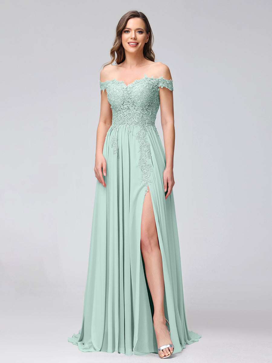 A-Line Off-the-Shoulder Sleeveless Appliqued Chiffon Long Bridesmaid Dresses with Side Slit Mist Blue