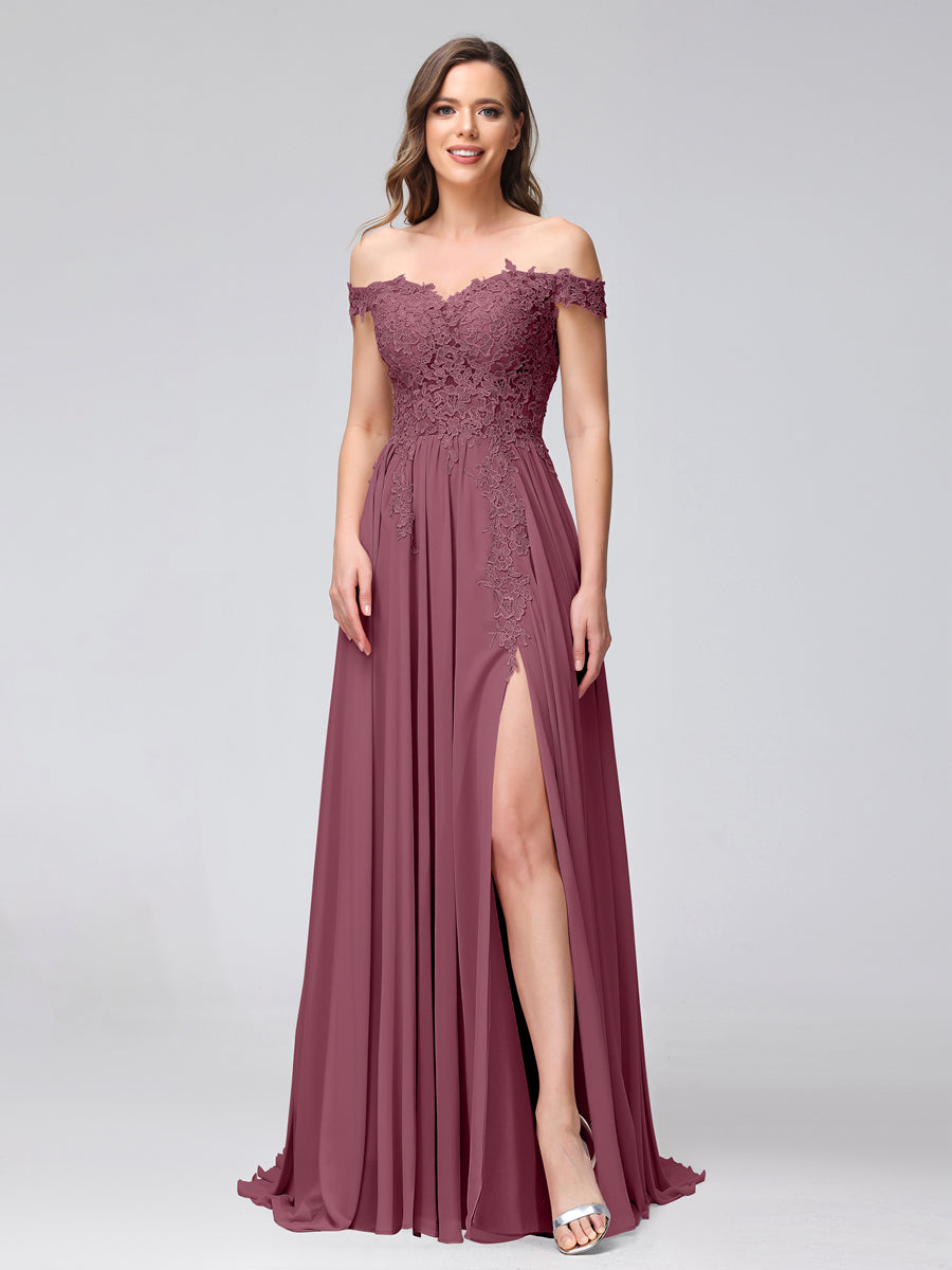 A-Line Off-the-Shoulder Sleeveless Appliqued Chiffon Long Bridesmaid Dresses with Side Slit Mulberry