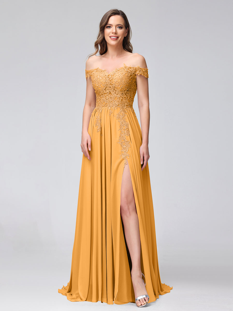 A-Line Off-the-Shoulder Sleeveless Appliqued Chiffon Long Bridesmaid Dresses with Side Slit Mustard Yellow