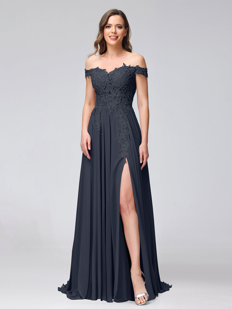 A-Line Off-the-Shoulder Sleeveless Appliqued Chiffon Long Bridesmaid Dresses with Side Slit Navy Blue