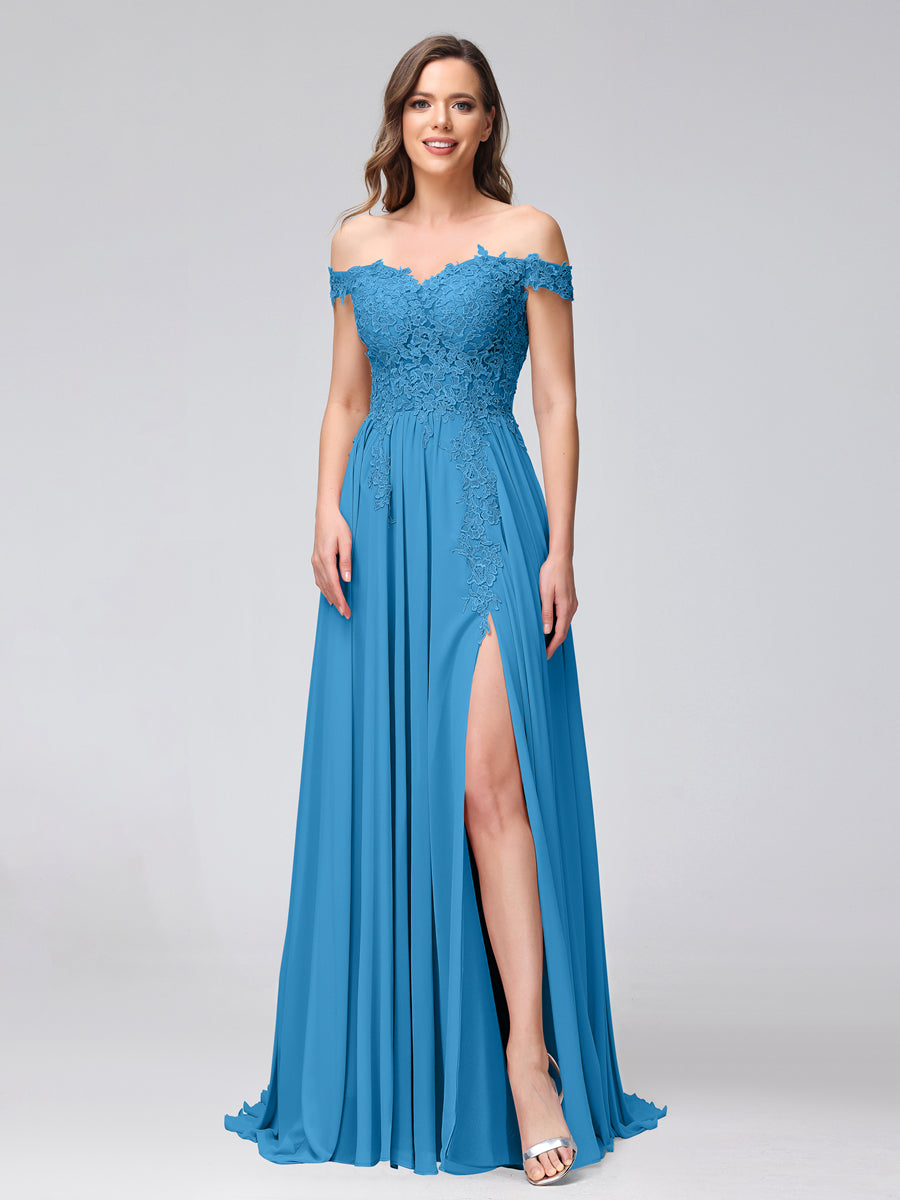A-Line Off-the-Shoulder Sleeveless Appliqued Chiffon Long Bridesmaid Dresses with Side Slit Ocean Blue