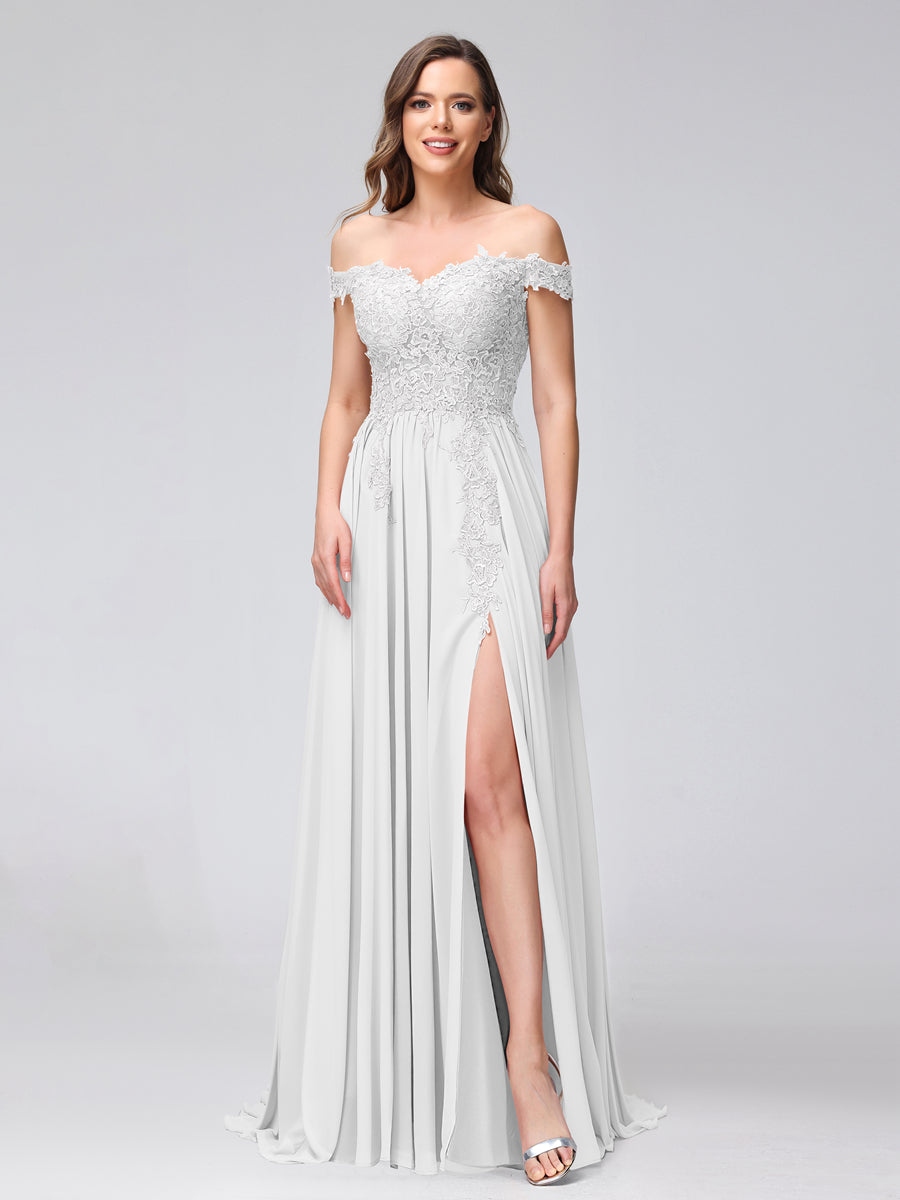 A-Line Off-the-Shoulder Sleeveless Appliqued Chiffon Long Bridesmaid Dresses with Side Slit Off White