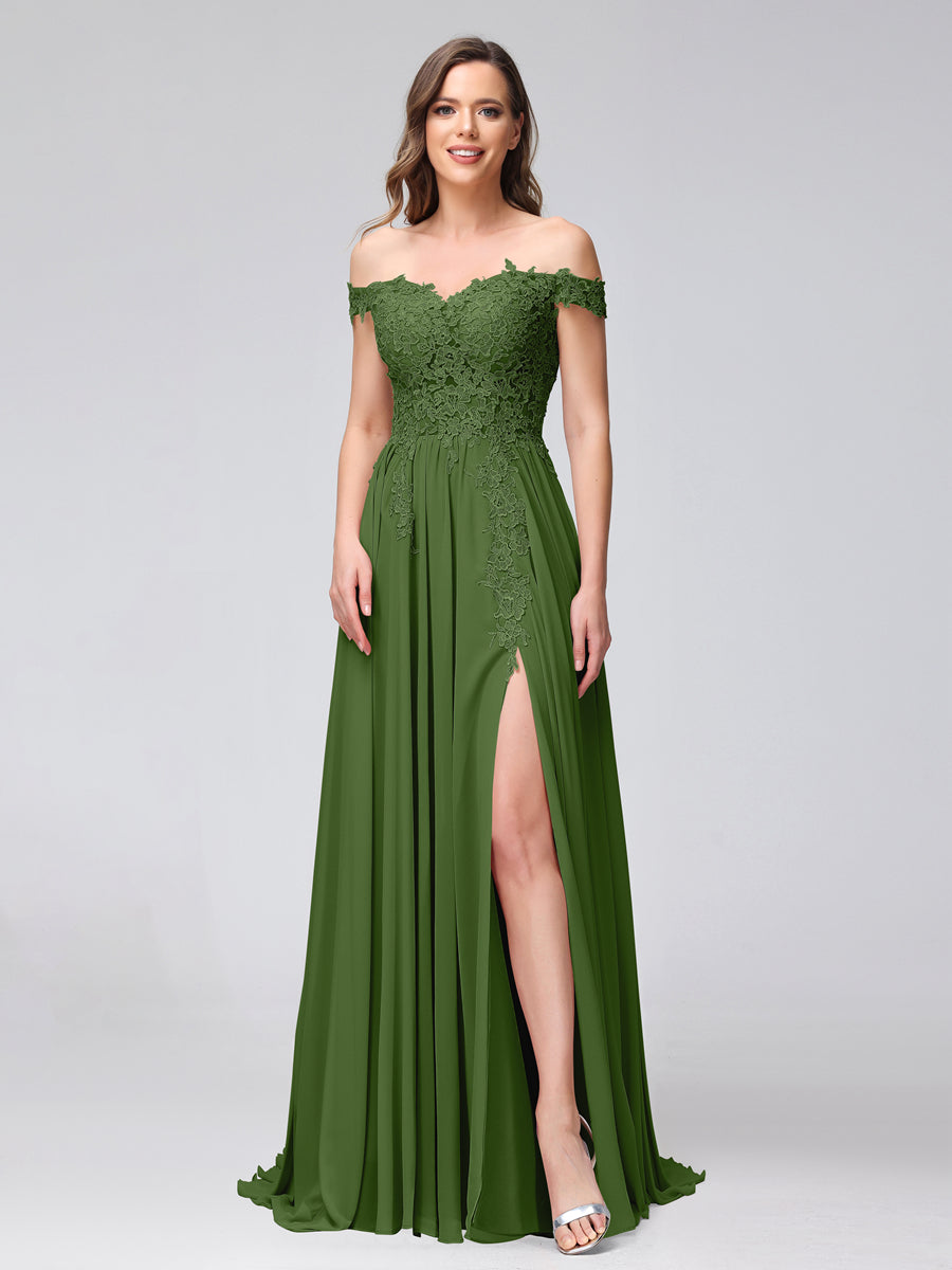 A-Line Off-the-Shoulder Sleeveless Appliqued Chiffon Long Bridesmaid Dresses with Side Slit Olive Green