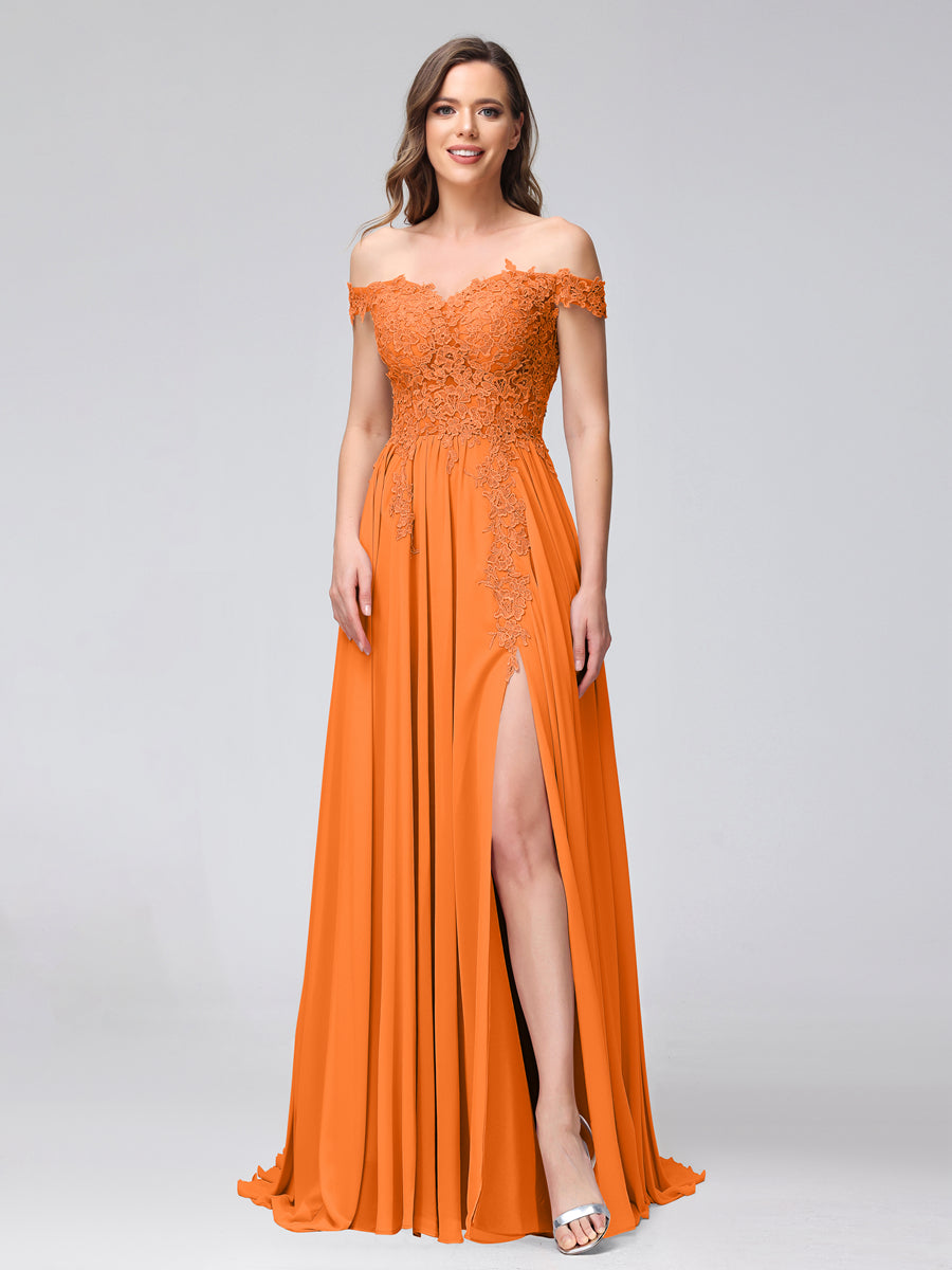 A-Line Off-the-Shoulder Sleeveless Appliqued Chiffon Long Bridesmaid Dresses with Side Slit Orange