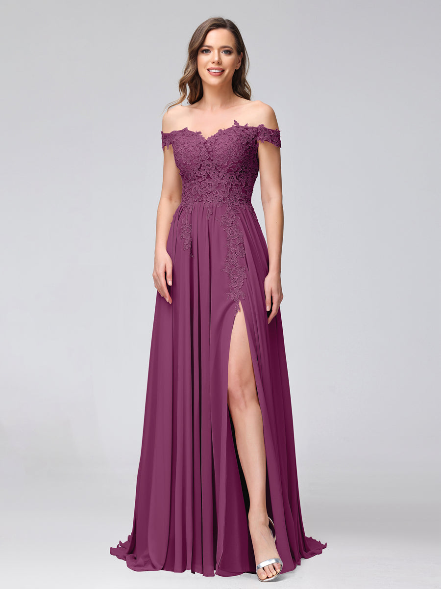A-Line Off-the-Shoulder Sleeveless Appliqued Chiffon Long Bridesmaid Dresses with Side Slit Orchid
